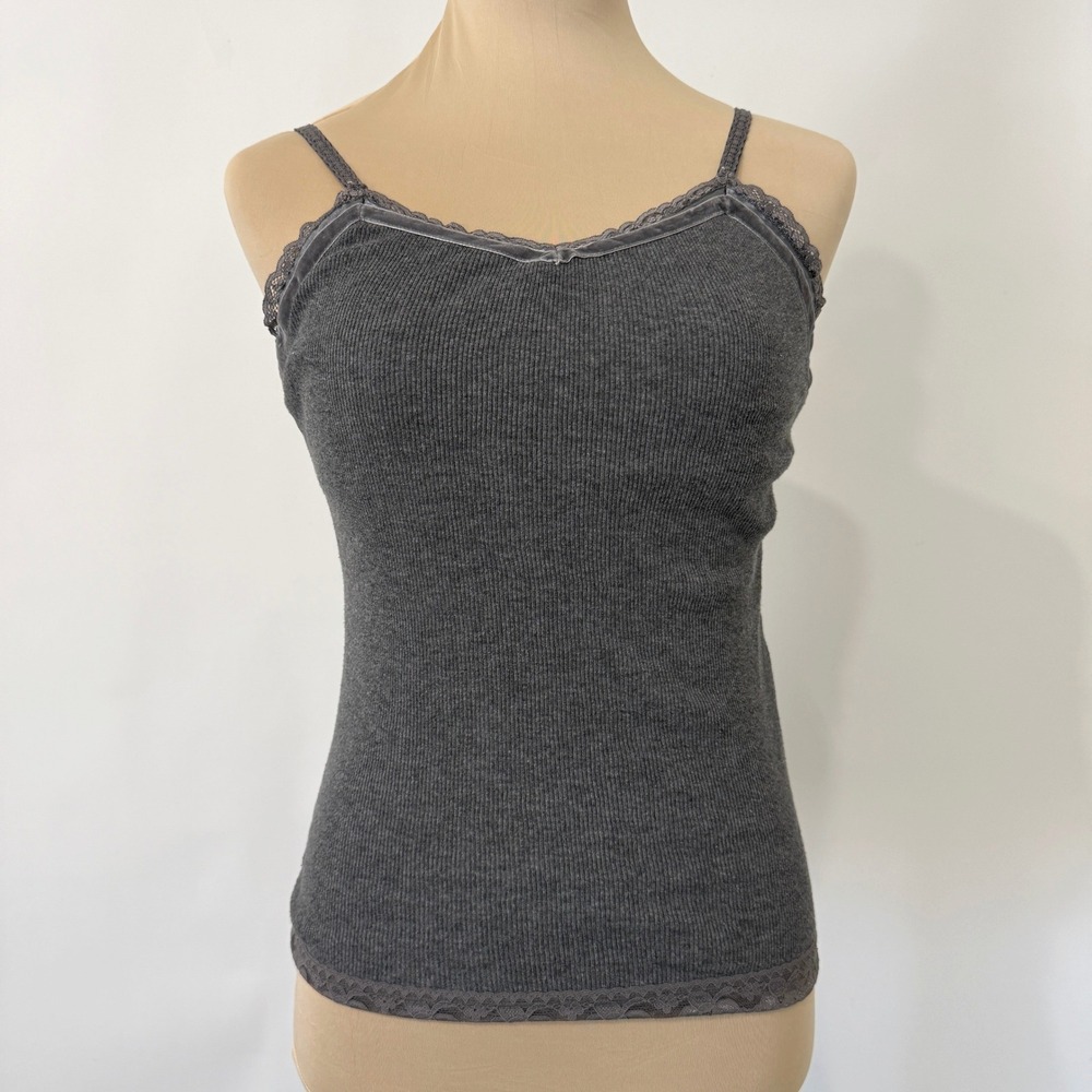 Y2K SO Ribbed Lace Velvet Trim Cami Tank‎ Top Juniors Large Gray Coquette